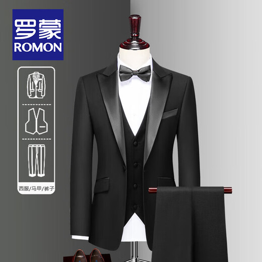 ROMON high-end customized suit men's three-piece Korean version slim-fitting small suit men's tuxedo dress groom's wedding black lapel = suit + vest + pants + shirt XL size (135 Jin Jin is equal to 0.5 kg)
