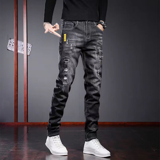 
AEMAPE jeans men's spring and summer slim elastic small feet casual long pants men's clothing 2025 black new trendy brand TJ_6636 black 31