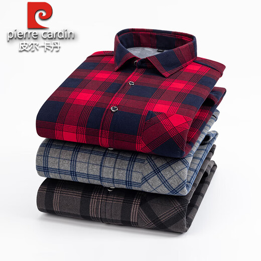 Pier Cardin winter warm pure cotton long-sleeved shirt men plus velvet thickened middle-aged daddy integrated velvet middle-aged plaid elderly shirt 9906 [plus warm shirt] Thickened 2XL wear 135-150Jin [Jin equals 0.5 kg]