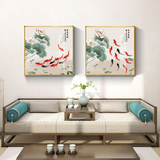 小泸林中式九鱼图装饰画餐厅画书房办公室茶室挂画入户玄关柜客厅壁画 15910 年年有余 烤瓷镶钻100*100黑框
