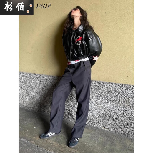 Chaoyunyue American retro men's and women's thickened leather jacket pilot embroidered letters quilted lapel design jacket cotton-padded jacket black (quilted version S