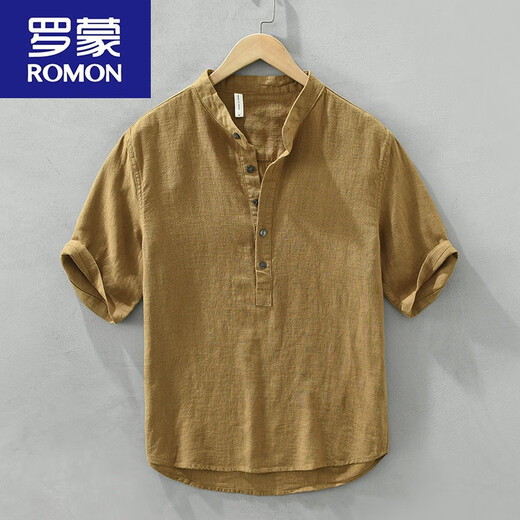 罗蒙（ROMON）中国风苎麻短袖男立领T恤棉麻复古休闲透气薄款亚麻半开衫短t 黑色 棉麻宽松水洗 XL 140-160斤