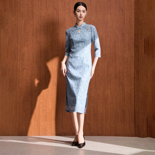 马天奴2024秋冬款蕾丝礼服连衣裙新中式旗袍重要场合妈妈 蓝色 983 3XL 46