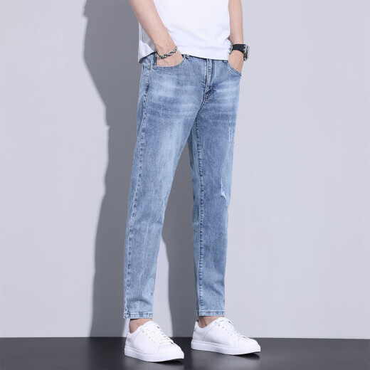 增致牛仔（ZENGZHI）2025夏季薄款九分牛仔裤男青年破洞休闲修身小脚弹力冰丝裤子男裤