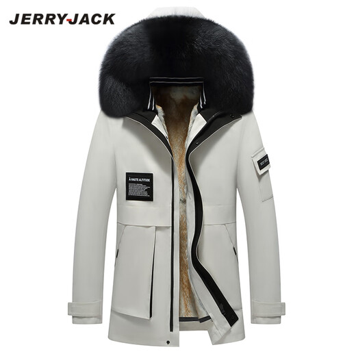 JERRYJACK men's parka with full mink fur lining and removable fur one-piece winter warm coat, fashionable men's coat, off-white + silver fox fur collar + white mink lining M/170
