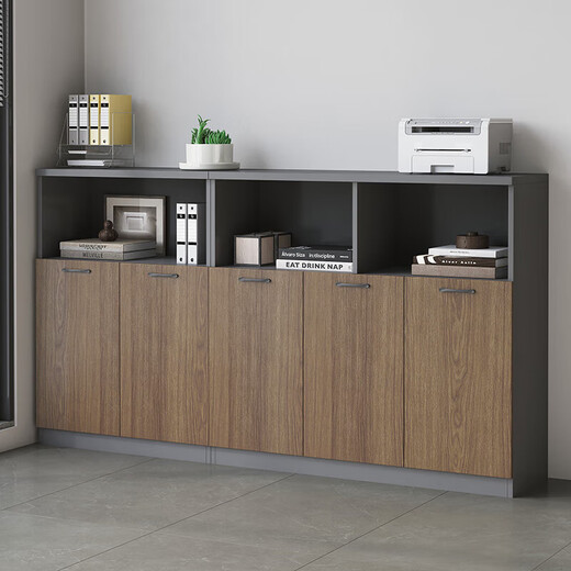 Zhibo Office File Cabinet Low Cabinet File Information Cabinet Locker Printer Cabinet Office Wooden Three Doors 120*40*Height 120CM Dark Gray + Dark Walnut