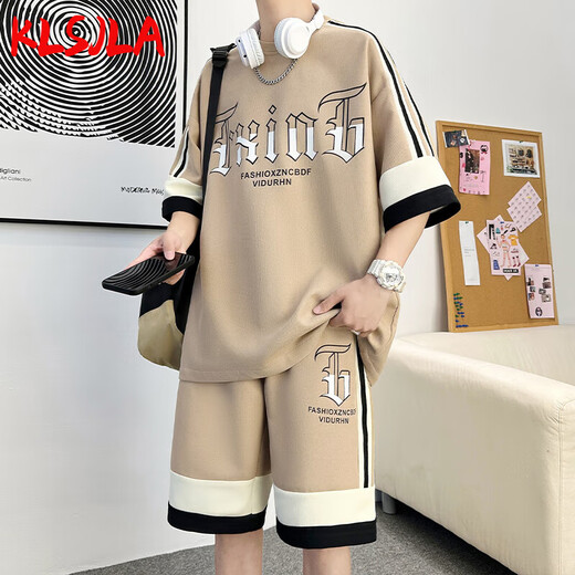 Klsjla Casual Suit Men's Summer Trendy Brand Ice Silk Sports Short à manches à manches Men de Men un ensemble avec de beaux adolescents DT681 Black Suit XL 180 (environ 145-160jin [Jin est égal à 0,5 kg] peut être usé)