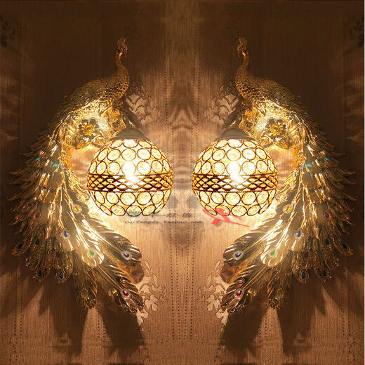 Yaotian Southeast Asia Peacock Wall Lamp French Pastoral Bedside Bedside Lamp Lobby Bar Lamp European Living Room Background Wall Lamp Painted + Crystal (Left + LED Bulb)