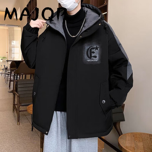 MAJQP夹克棉衣外套男加绒加厚秋冬款青少年男士宽松保暖连帽学生外套潮 719-加绒-黑色 L 100-115斤