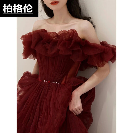 Berggren one-shoulder burgundy toast dress bride's French fluffy gauze coming-of-age ceremony banquet host performance evening dress for women burgundy XXS