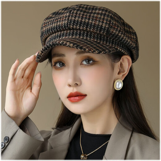 Changyin Fashion Hat Women's Versatile Winter Octagonal Hat Women's Round Face Spring and Autumn Warm Trend Korean Style Internet Celebrity British Houndstooth Black