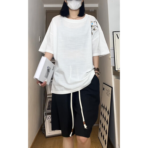 幂朵萱新中式短袖T恤男夏季潮牌薄款宽松国风内搭情侣百搭五分袖体恤衫 h-t3523杏色 均码 l (建议110-130斤)