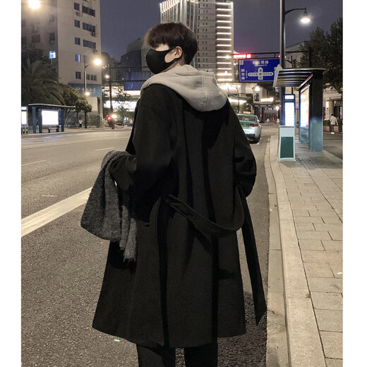 Shelley Jones fake two-piece woolen coat men's mid-length autumn and winter new style detachable hooded loose quilted windbreaker jacket black L recommended 115-140Jin Jin equals 0.5 kg