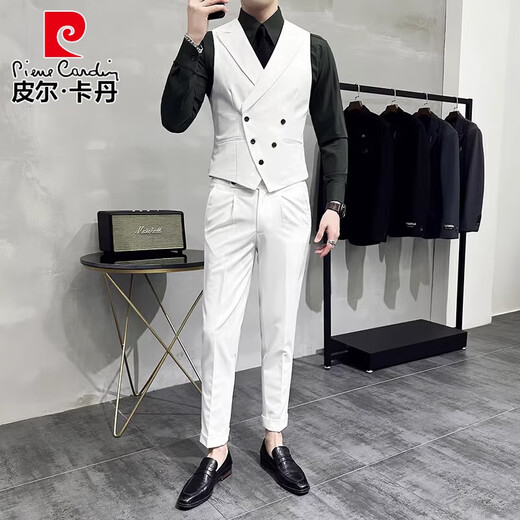 Pierre Cardin Fashion Vest Men's Suit British Slim Double Breasted Suit Vest Men's Formal Suit Collar Vest Trendy Dark Green Single Vest XL