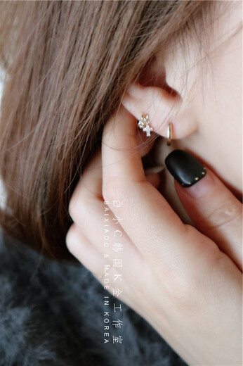 Baozha white small C Korean imported gold 14K/10K gold earrings twist chain cross gold ball pendant ear buckle earrings gold ball inner diameter 6mm 1 piece