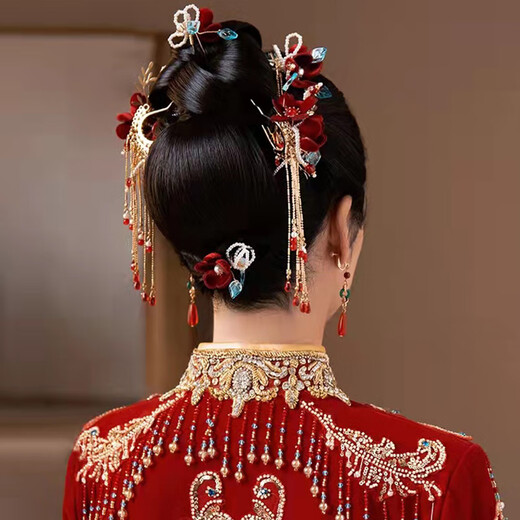 Jingli Jingda Xiuhe tiara female bride toasting attire Chinese ancient costume hair accessories red simple and elegant wedding high-end accessories red Xiuhe suit-ear clip style