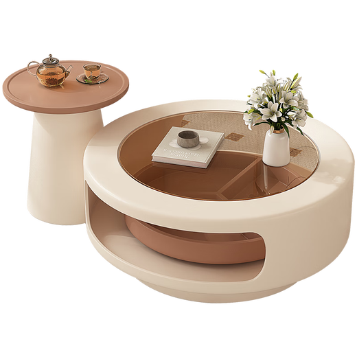 Bamboo holder round glass coffee table living room home 2025 new small apartment cream style designer creative rotating coffee table table rotating coffee table side table combination