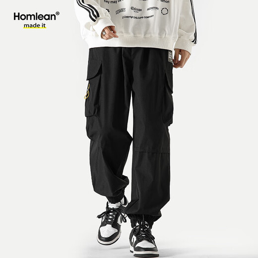 Homlean伞兵工装裤男春夏宽松街头百搭束脚运动休闲长裤子2227黑色XL