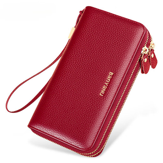 Portefeuille kangourou cool pour femmes longues pour femmes en 2025 Nouvelle mode de grande capacité de grande capacité portefeuille cachette de vache double fermeture éclair en cuir authentique embrayage bordeaux (couche de vache supérieure)