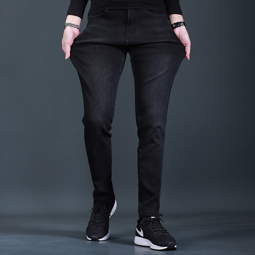 
Fan Litai autumn and winter plus velvet thickened smoke gray jeans for men slim feet fashionable casual simple men jeans long trousers QQ 1049 gray 33