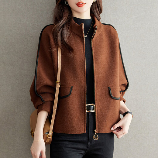 
Gemila spring and autumn coat women's short wool top loose cardigan wearing fashionable stand-up collar small fragrance jacket 12185 white L