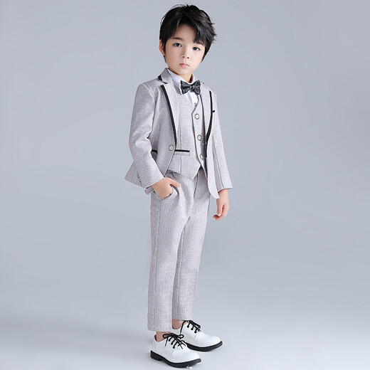闪闪蓝宝 儿童西装男童礼服西服套装花童演出服小孩钢琴表演服主持人正装 灰色外套+马甲+长裤+领结 120码建议体重37-43斤