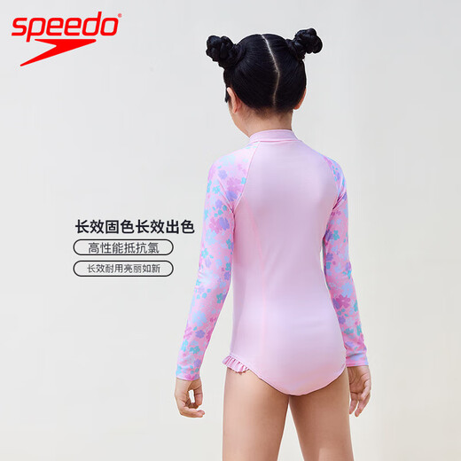 Speedo Hualala series children's printed long-sleeved sunscreen soft one-piece swimsuit for girls beach surfing swimwear 24 new products pink all-inclusive design, effective sun protection 120-130cm 7-8 years old