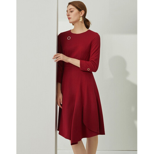 EITIE autumn new shopping mall same style solid color round neck asymmetric high-end fashion three-quarter sleeve dress 6407111 red vine 6136/S/155-80A