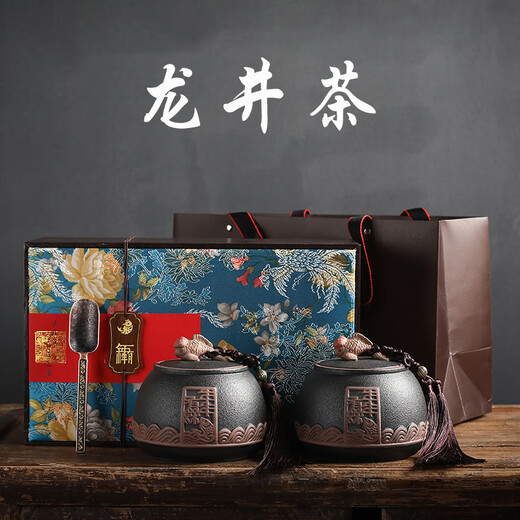 Qiu Boyuan Mid-Autumn Longjing tea gift box for elders Mingqian new tea green tea Mid-Autumn gift box high-end and elegant 300g blue double can