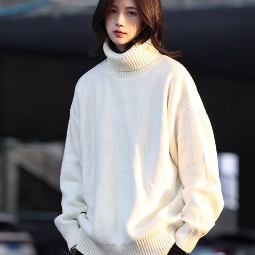 POUM turtleneck sweater for men and women, spring and autumn loose knitted sweater for men, retro lazy solid color bottoming shirt SM-003 white XL recommended 110-140Jin Jin equals 0.5 kg