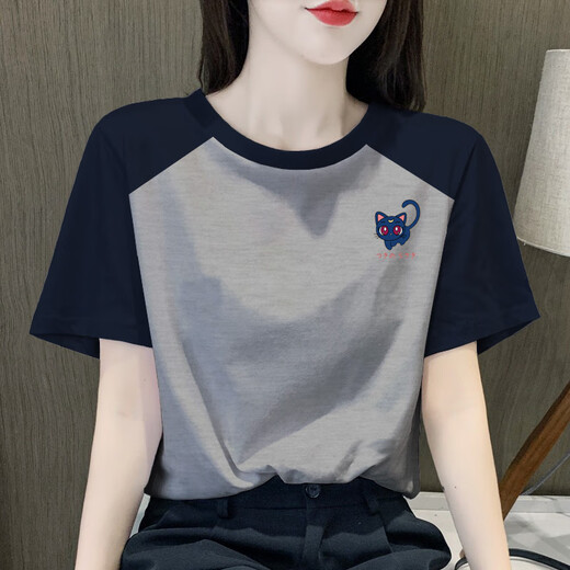 冠军闪电美国重磅复古插肩女士短袖t恤衫2024新款棉体恤设计感小众上衣 1476花灰色-插肩袖 L