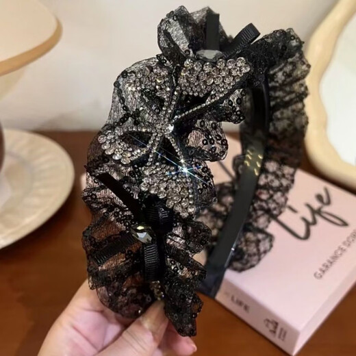 WEISHINI summer mesh sequined rhinestone butterfly headband French wide-brimmed pleated headband high skull hair accessories headband hairpin for women black A25-105