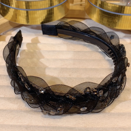 Idel's high-end black mesh rhinestone twist headband, feminine and versatile headband with toothed hairpins, hair accessories gift F2726 versatile black rhinestone headband