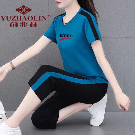 俞兆林妈妈装好棉运动服套装女夏季2024新款中年夏装休闲短袖七分裤两 皮红七分裤[687款] M (建议80-95斤)