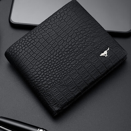 Sieben Wolf Herren Brieftasche Horizontal echtes Leder Kurzes echtes Cowhide Brieftasche einfaches Krokodilmuster reiner Schaffell Kantekante Weiche Brieftasche Schwarz Horizontal