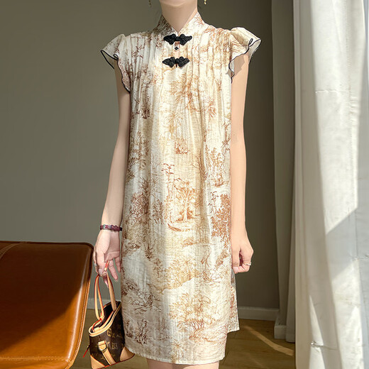 Li Yinu (LISLAVE) 2025 summer new Chinese style cheongsam short-sleeved dress with ladies' temperament loose slim and buckle new Chinese skirt apricot JRP692 M