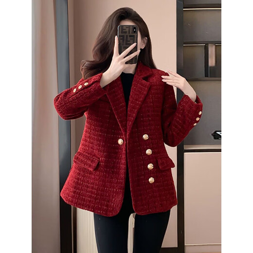 皮尔卡丹（pierre cardin）小香风西装女外套2025新款设计感显瘦轻奢减龄加棉加厚秋冬款外套 黑色 加厚 M 建议95-108斤