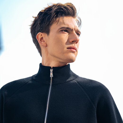 Mr. Bu Stand Collar Double Zipper Wool Cardigan 2025 Autumn Raglan Sleeve Double Pocket Jacket Men PT15573 Piano Black XL (180)