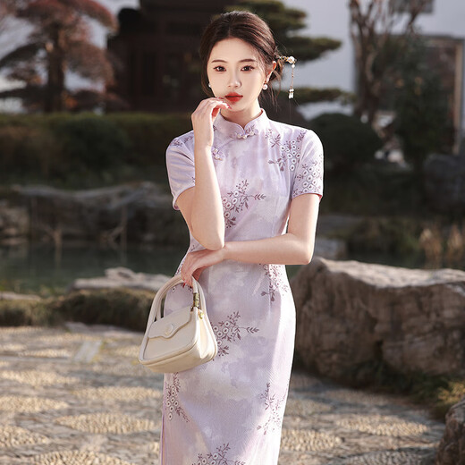 NUKM Cheongsam Chinese style long young 2025 summer new slim and elegant girl retro improved dress 6629 purple L