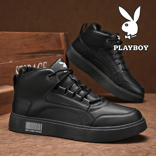 Playboy Shoes Men's Shoes 2025 New High Top Autumn and Winter Velvet Business Leather Shoes Men's Martin Boots Sports and Leisure Shoes Black 41