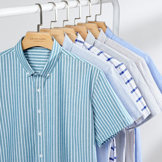 Nobel Paul (NOBOLPAUL) short-sleeved shirt men's pure cotton non-scalding anti-wrinkle Oxford spinning breathable striped shirt middle-aged and young casual plaid shirt blue D702 39