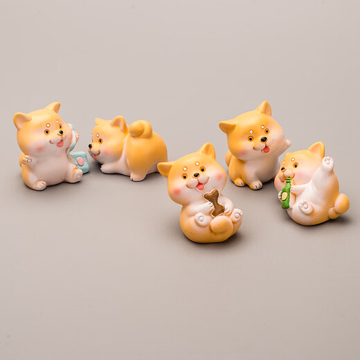 Cute cartoon Shiba Inu desktop ornaments mini puppies and kittens simulated animal model toys micro landscape decorations 5 Shiba Inu combination + small basket