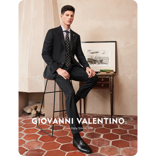 卓凡尼·华伦天奴（GIOVANNI VALENTINO）纯羊毛挺括休闲西服男款轻商务春季西装外套男士双开叉 黑色 M