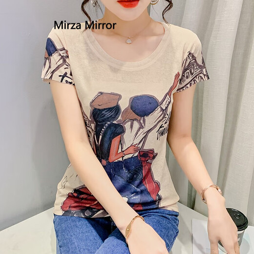 蜜莎蜜拉（Mirza Mirror）2024夏季新款欧货修身半袖上衣女洋气显瘦创意卡通印花短袖T恤潮 7029# S