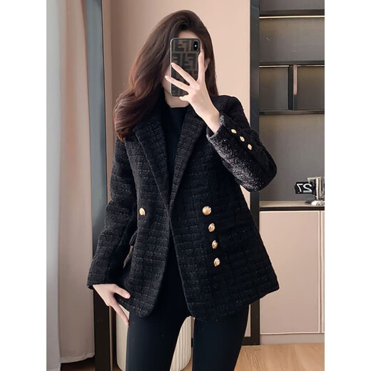 皮尔卡丹（pierre cardin）小香风西装女外套2025新款设计感显瘦轻奢减龄加棉加厚秋冬款外套 黑色 加厚 M 建议95-108斤