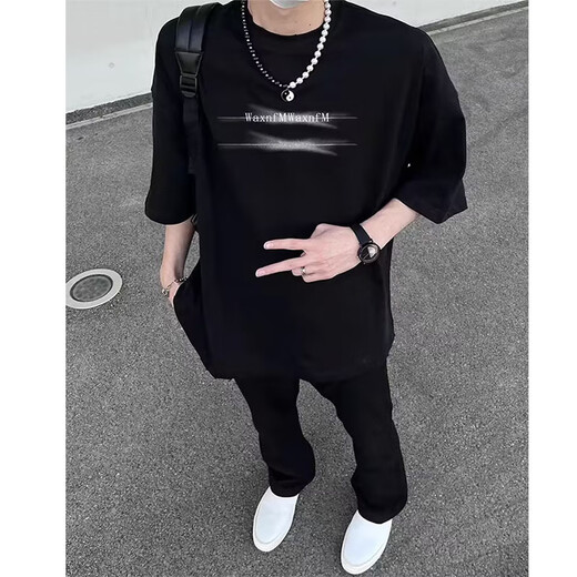 Digada American High Street Trend Kurzärärmelte T-Shirt Herren Sommer Pure Cotton Round Hals Lose Trendy Brand Paar lässige halbärmelige Top-Dyg-DY2443 Black XL