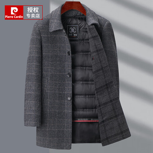 Pierre Cardin cold-proof and warm double-sided wool coat for men, medium-length down lining, middle-aged woolen woolen coat, winter plaid, gray L 175/92A