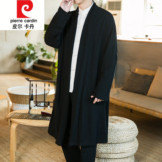 Пьер Карден (pierre cardin) длинная ветровка из хлопка и льна в китайском стиле, мужская свободная повседневная длинная рубашка с лацканами, плащ Ханфу, двубортный повседневный пиджак, темно-синий, M 100-120Jin Jin, вес 0,5 кг.