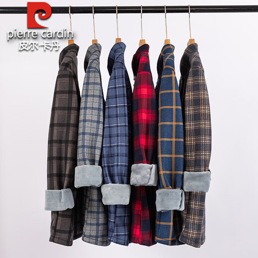 Pier Cardin winter warm pure cotton long-sleeved shirt men plus velvet thickened middle-aged daddy integrated velvet middle-aged plaid elderly shirt 9906 [plus warm shirt] Thickened 2XL wear 135-150Jin [Jin equals 0.5 kg]
