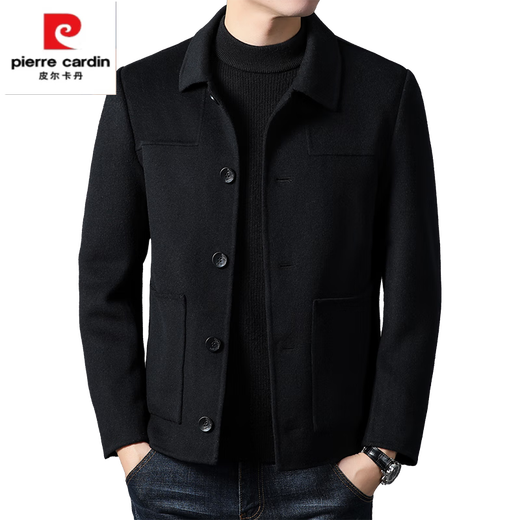 皮尔卡丹（pierre cardin）秋冬季羊毛加厚双面呢大衣男士短款翻领休闲毛呢纯色夹克外套 黑色 L 175